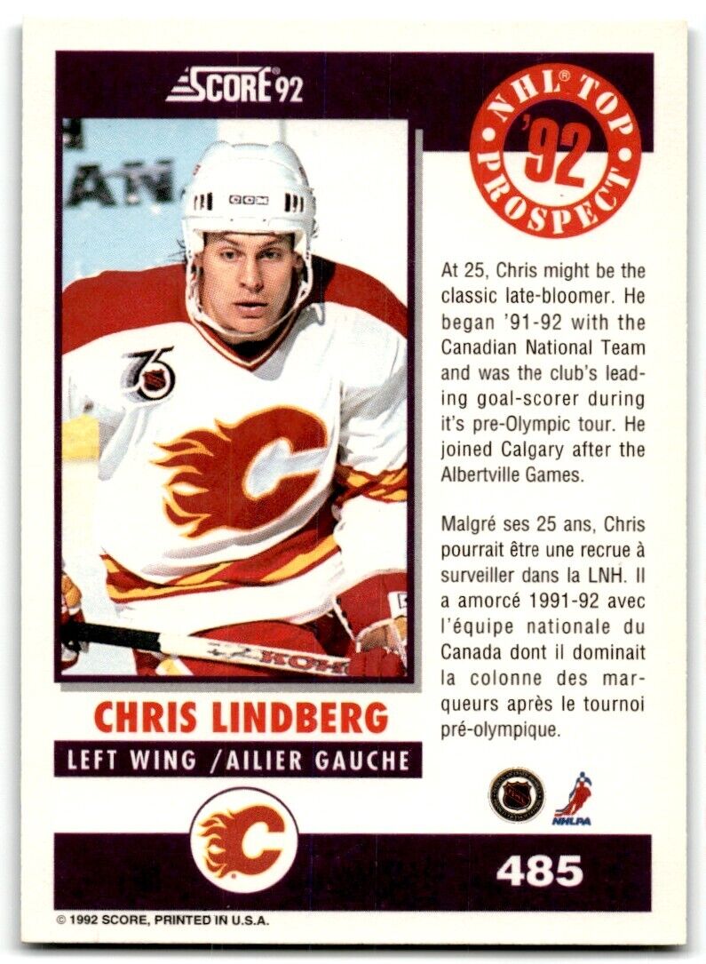 1992-93 Score Chris Lindberg Calgary Flames #485