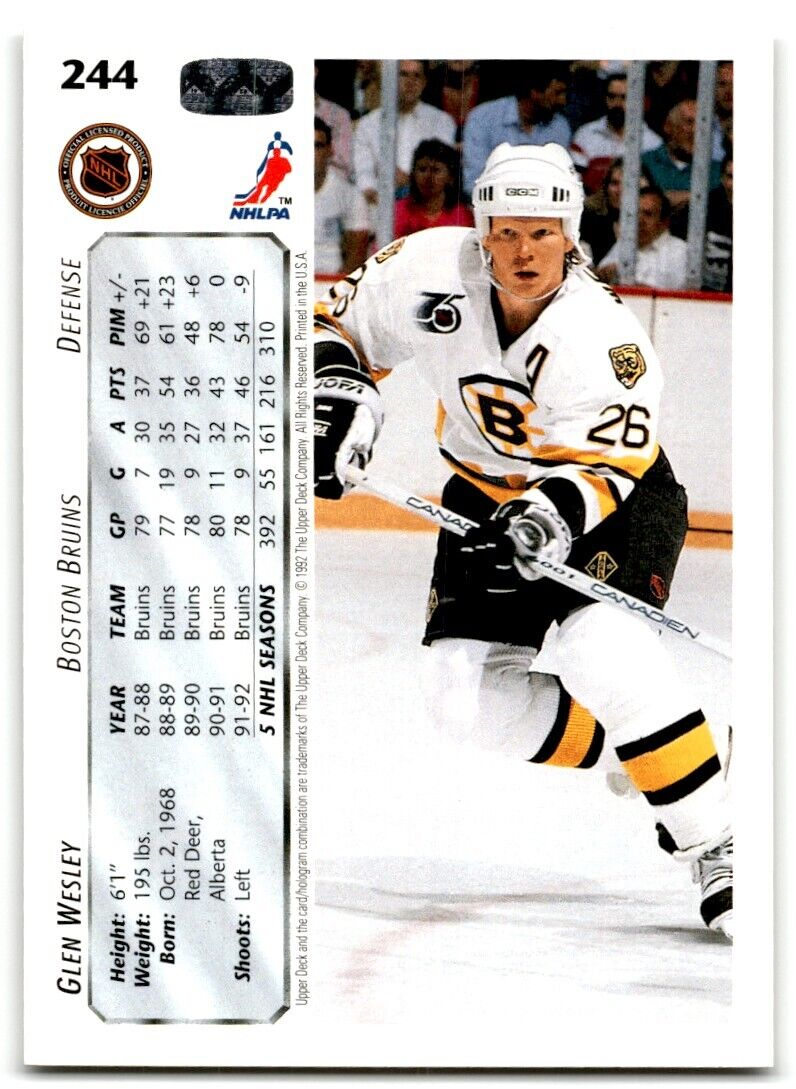 1992-93 Upper Deck Glen Wesley Boston Bruins #244