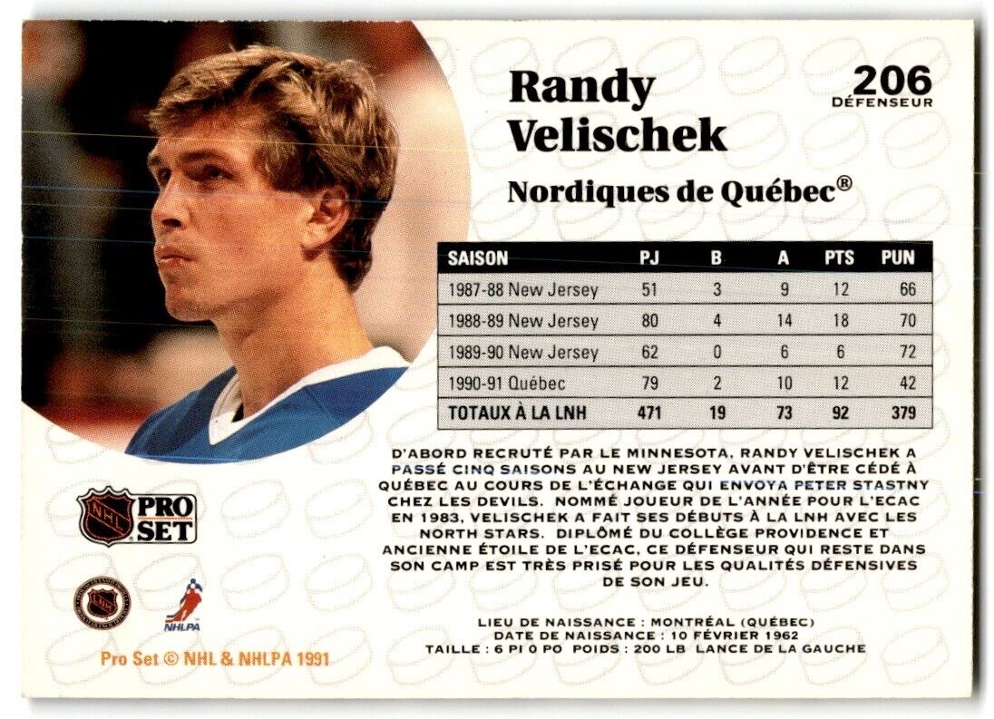 1991-92 Pro Set Randy Velischek Quebec Nordiques #206