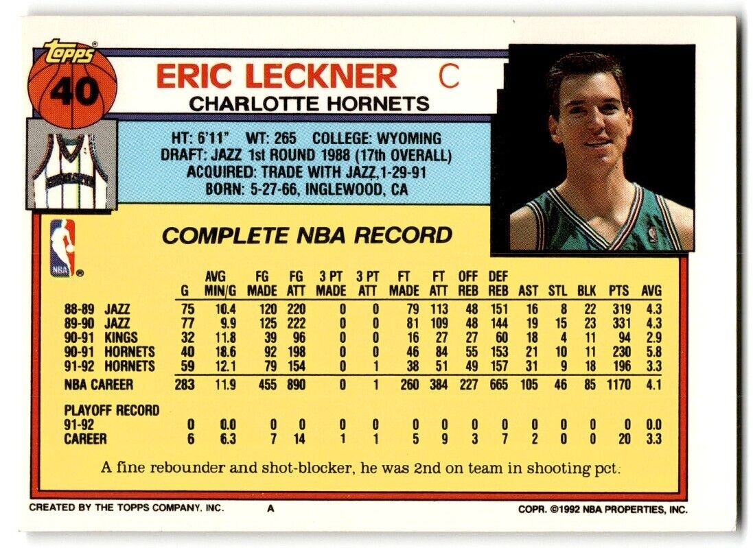 1992-93 Topps Eric Leckner Charlotte Hornets #40