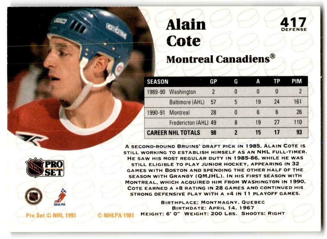 1991-92 Pro Set Alain Cote Rookie Montreal Canadiens #417