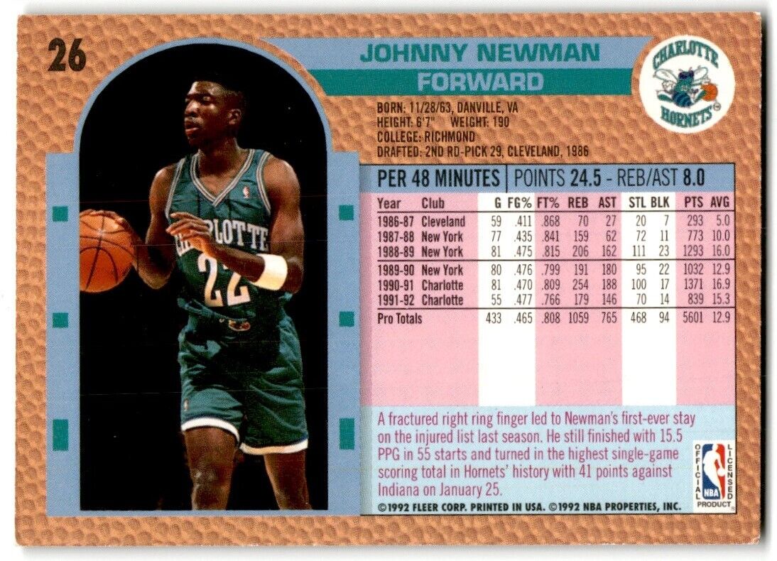 1992-93 Fleer Johnny Newman Charlotte Hornets #26