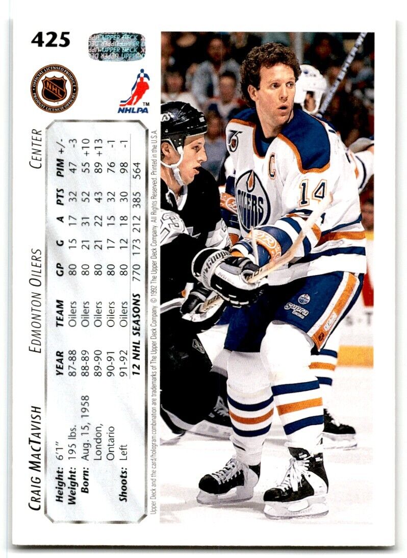 1992-93 Upper Deck Craig MacTavish Edmonton Oilers #425