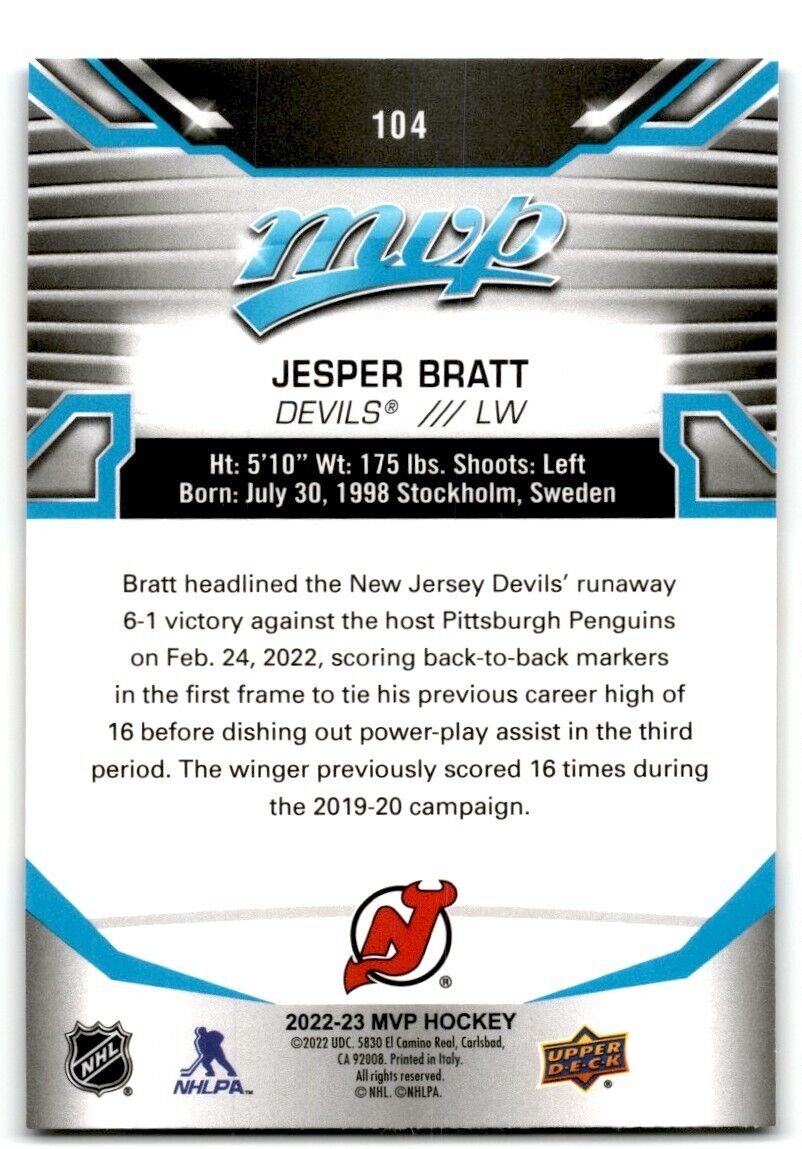 2022-23 Upper Deck MVP Jesper Bratt New Jersey Devils #104