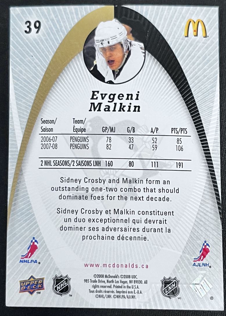 2008-09 McDonald's Upper Deck Evgeni Malkin Pittsburgh Penguins #39