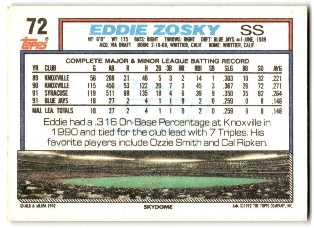 1992 Topps Eddie Zosky Toronto Blue Jays #72