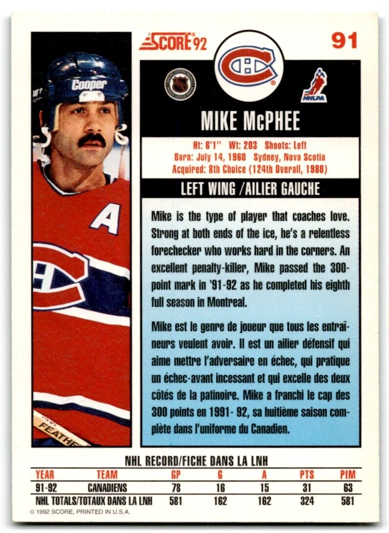 1992-93 Score Mike McPhee Montreal Canadiens #91