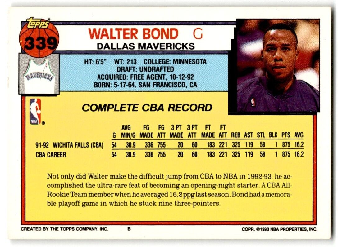 1992-93 Topps Walter Bond Rookie Dallas Mavericks #339