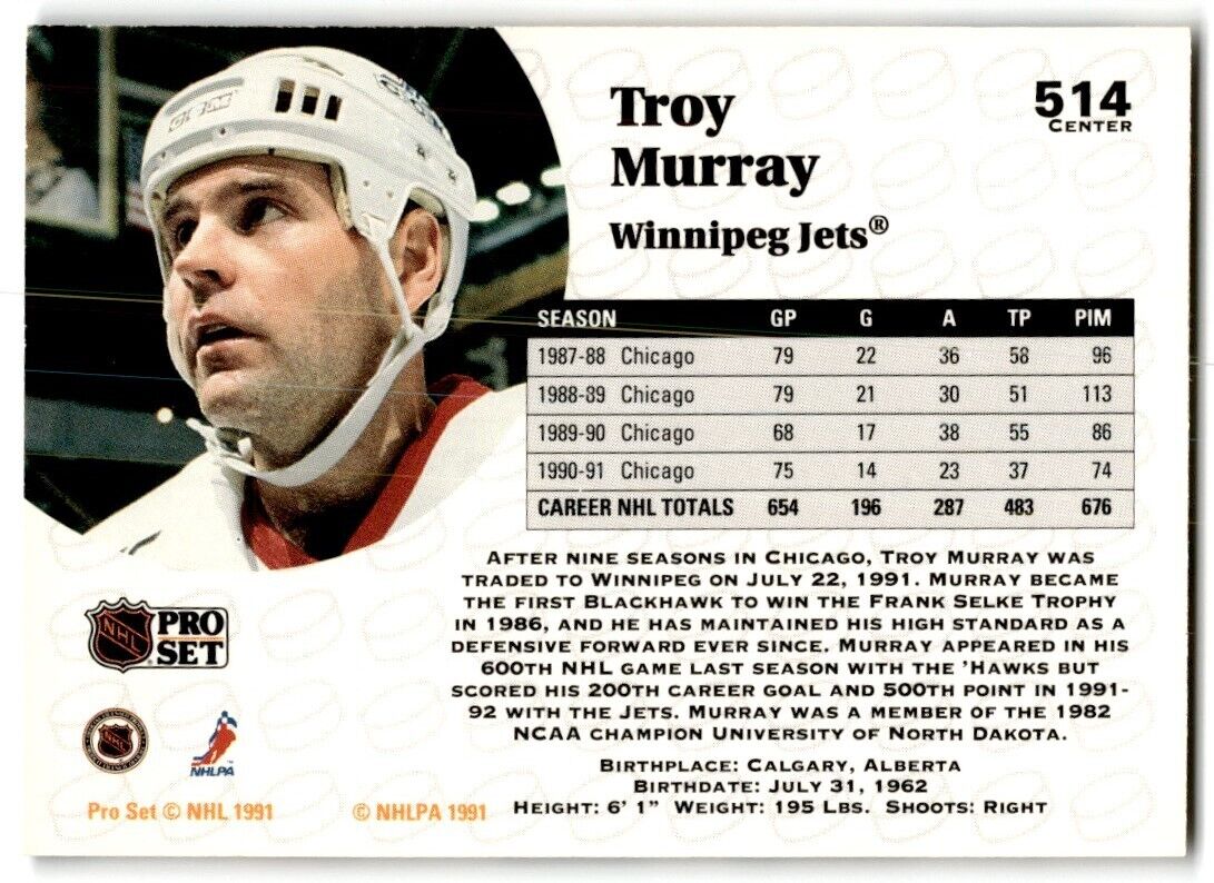 1991-92 Pro Set Troy Murray Winnipeg Jets #514