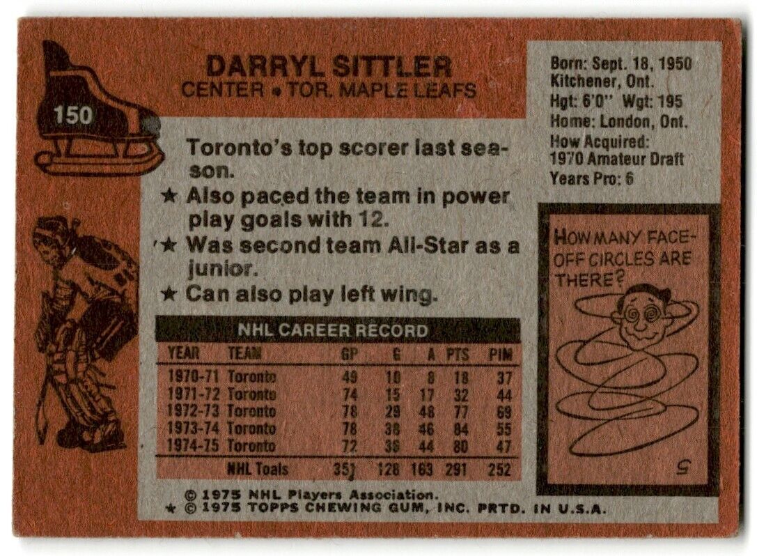 1975-76 Topps Darryl Sittler Toronto Maple Leafs #150