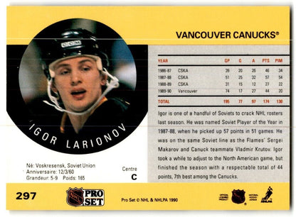 1990-91 Pro Set Igor Larionov Rookie Vancouver Canucks #297