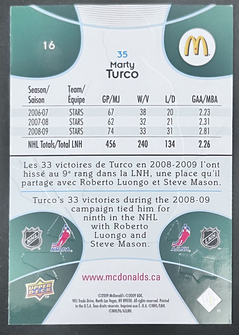 2009-10 Upper Deck McDonald's Marty Turco Dallas Stars #16