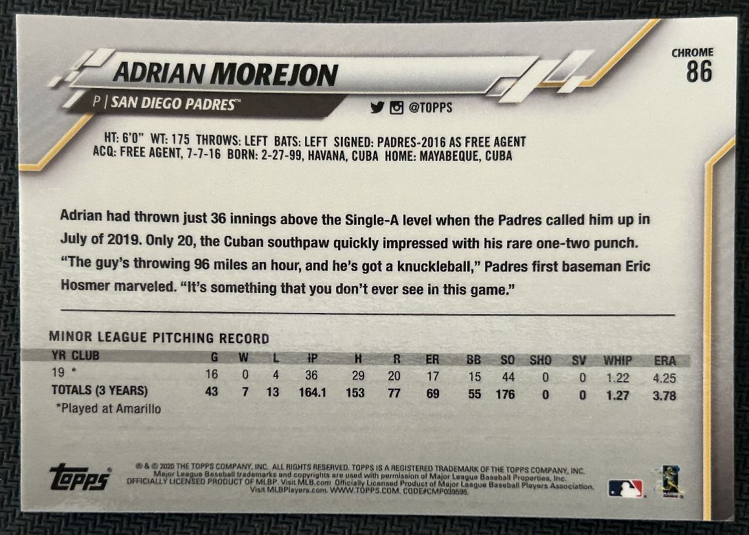 2020 Topps Chrome Adrian Morejon Rookie San Diego Padres #86