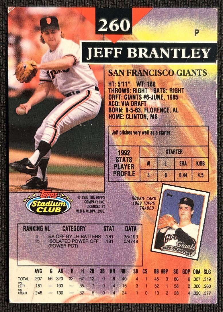 1993 Topps Stadium Club Jeff Brantley San Francisco Giants #260