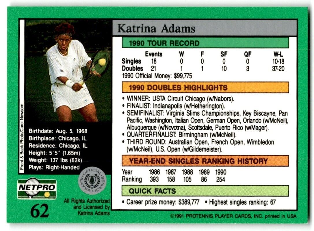 1991 Protennis player Cards Netpro Tour Star Katrina Adams #62