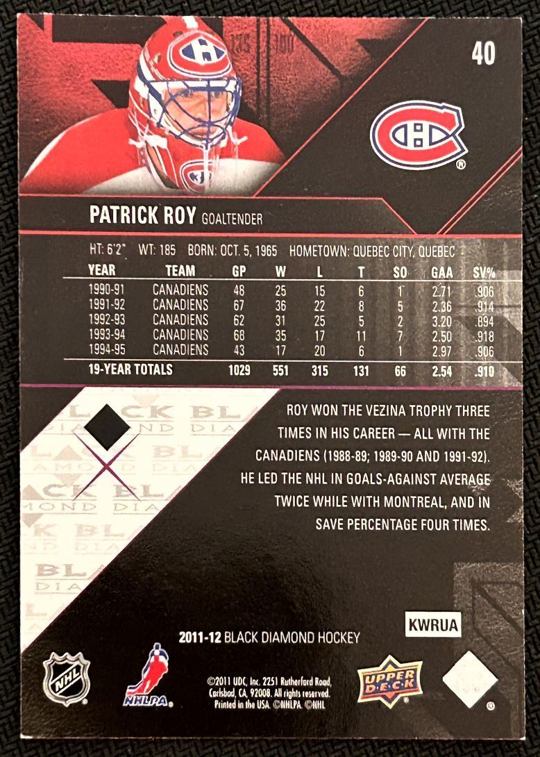 2011-12 Upper Deck Black Diamond Patrick Roy Montreal Canadiens #40