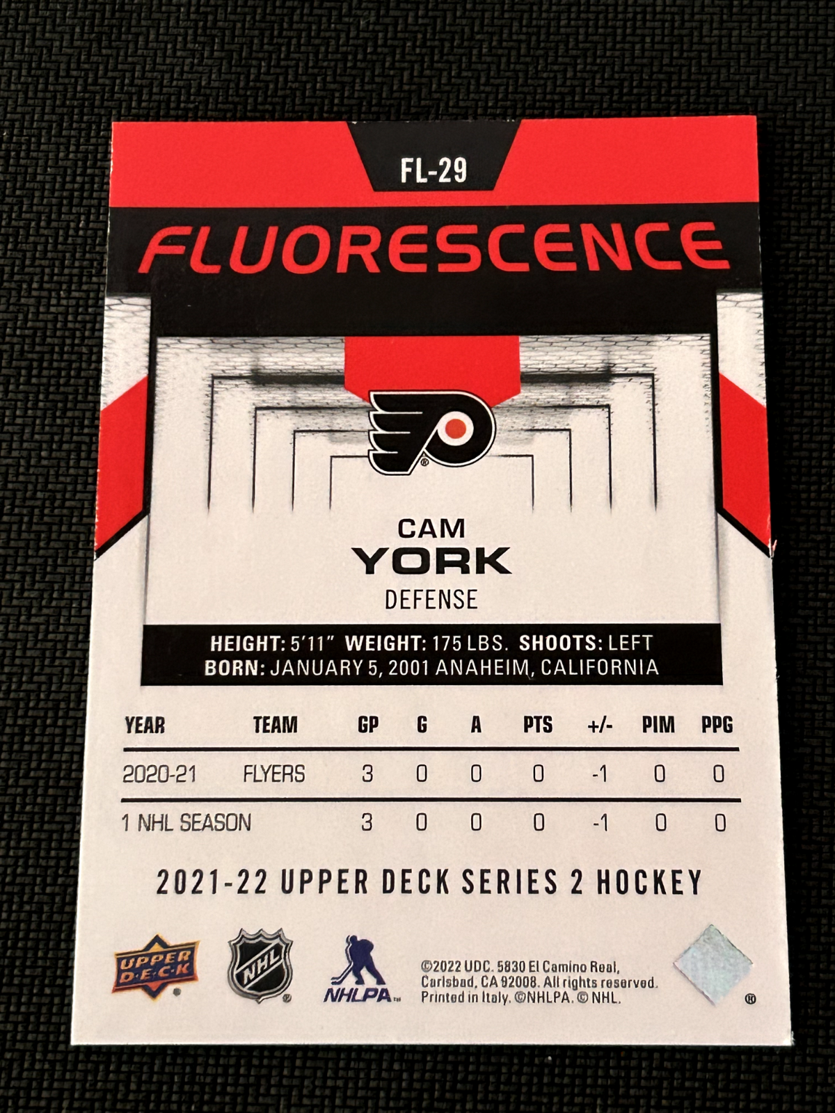 Cam York  2021 Upper Deck  Fluorescence Red Philadelphia Flyers #FL-29