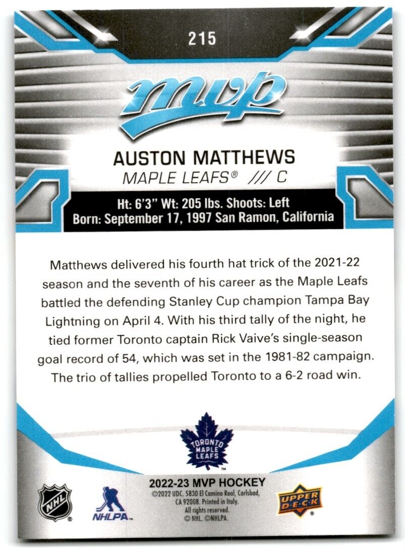 2022-23 Upper Deck MVP Auston Matthews Toronto Maple Leafs #215