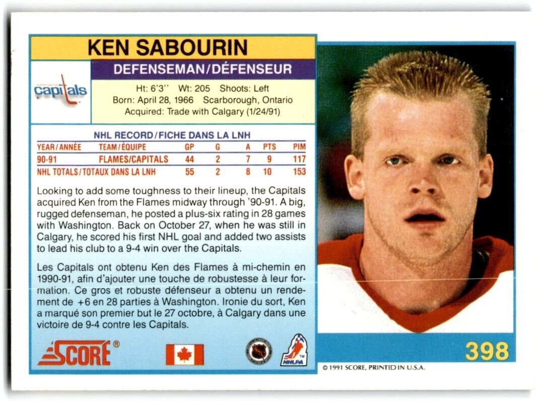 1991-92 Score Canadian Ken Sabourin Washington Capitals #398