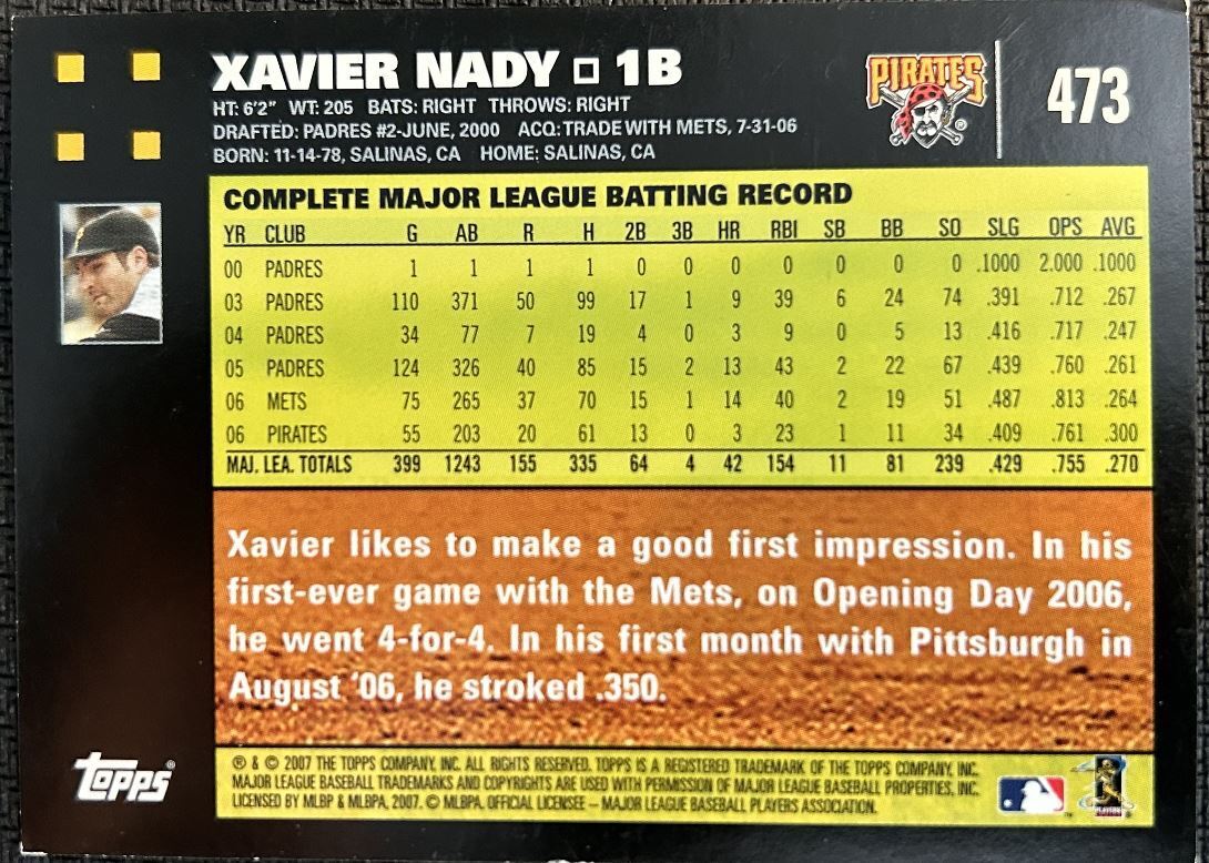 2007 Topps Xavier Nady Pittsburgh Pirates #473