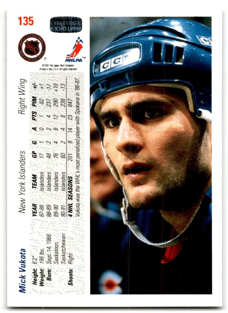 1991-92 Upper Deck Mick Vukota New York Islanders #135B