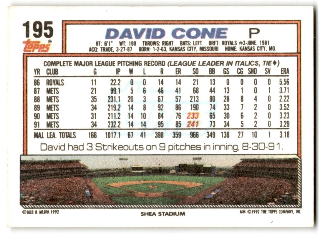 1992 Topps David Cone New York Mets #195