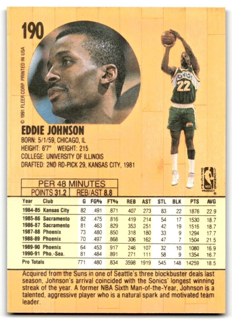 1991-92 Fleer Eddie Johnson Seattle SuperSonics #190