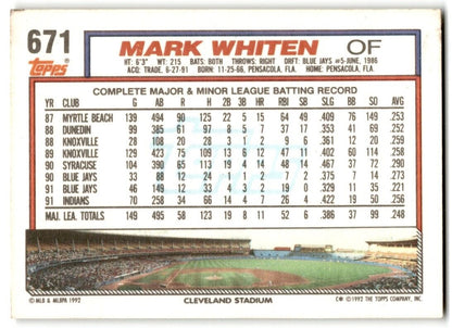 1992 Topps Mark Whiten Cleveland Indians #671