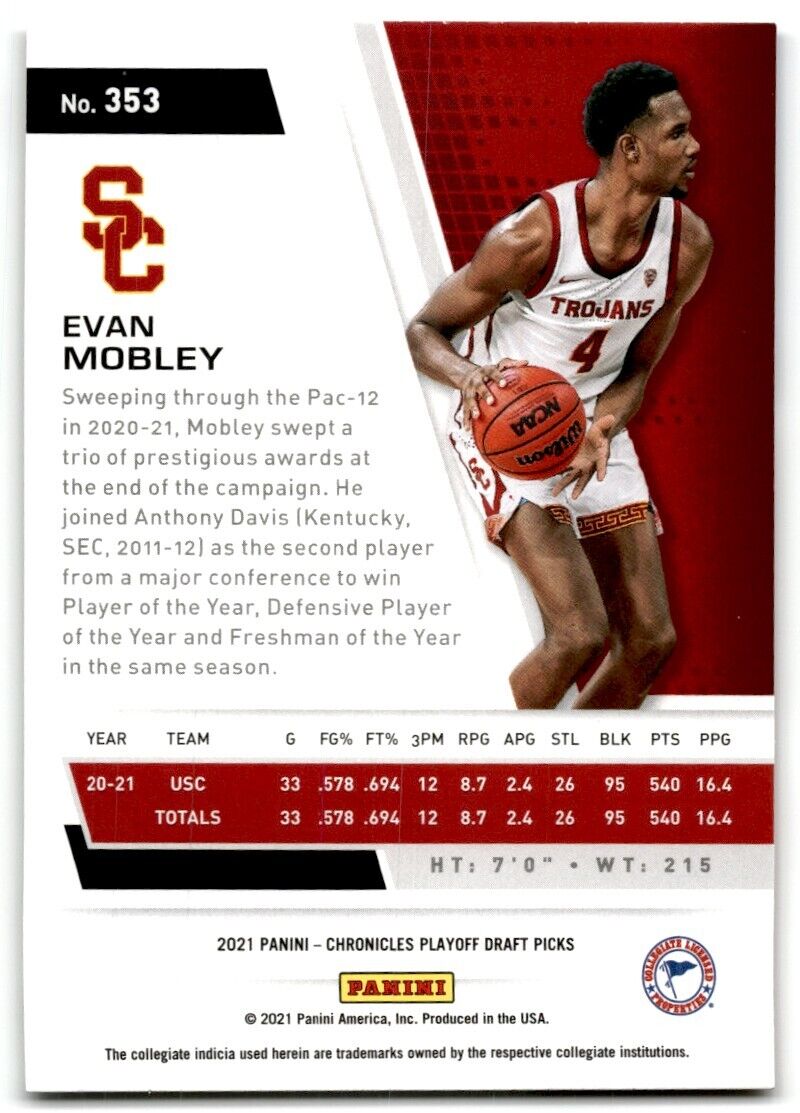 2021-22 Panini Chronicles Playoff Draft Picks Evan Mobley USC Trojans #353