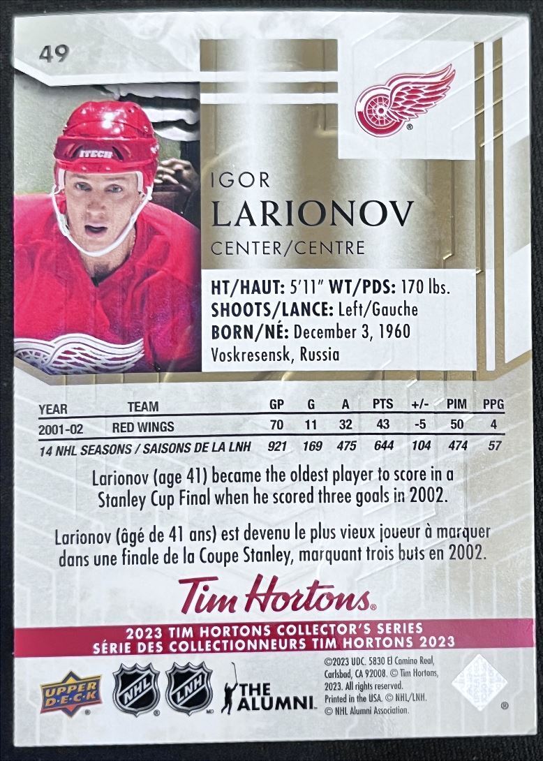 2023-24 Upper Deck Tim Hortons Legends Tim Horton Igor Larionov Detroit Red