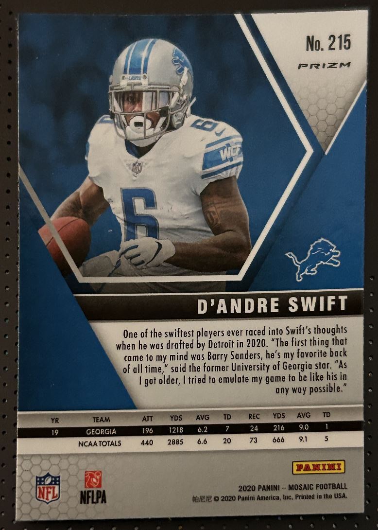 2020 Panini Mosaic Prizm D'Andre Swift Rookie Detroit Lions #215 Parallel