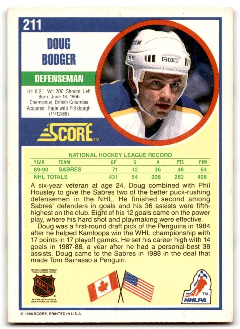 1990-91 Score Doug Bodger Buffalo Sabres #211