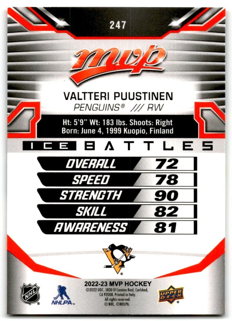 2022-23 Upper Deck MVP Ice Battles Valtteri Puustinen Rookie Pittsburgh Penguins