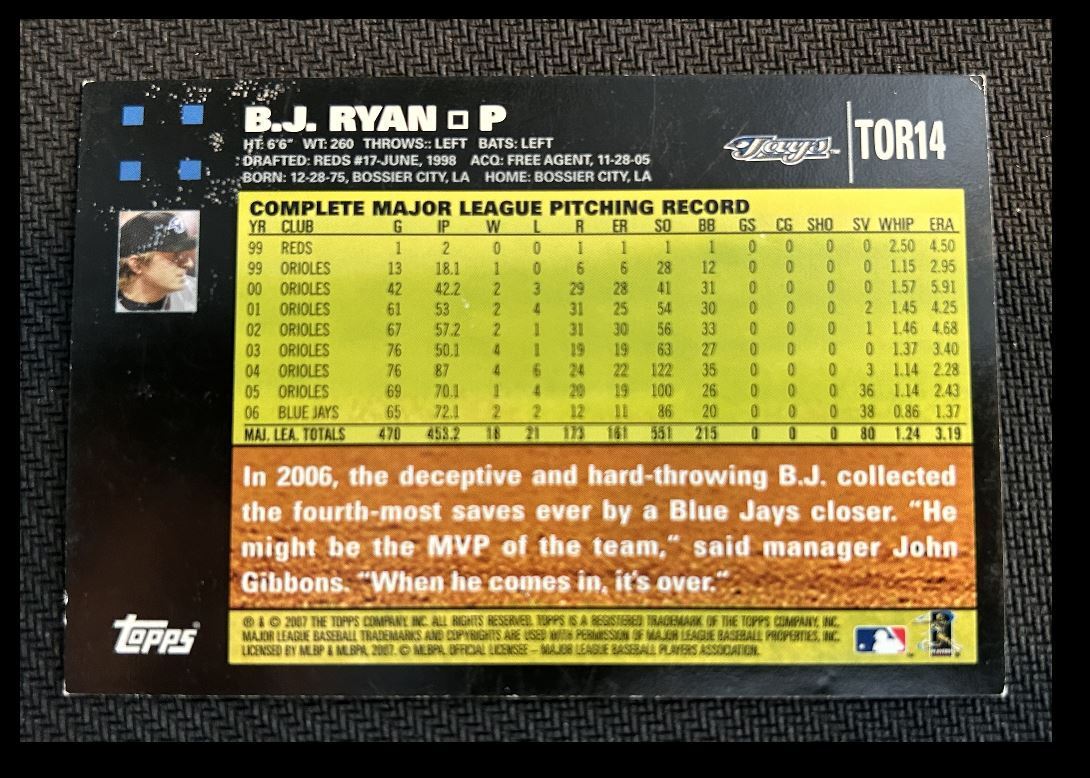 2007 Topps B.J. Ryan Toronto Blue Jays #TOR14