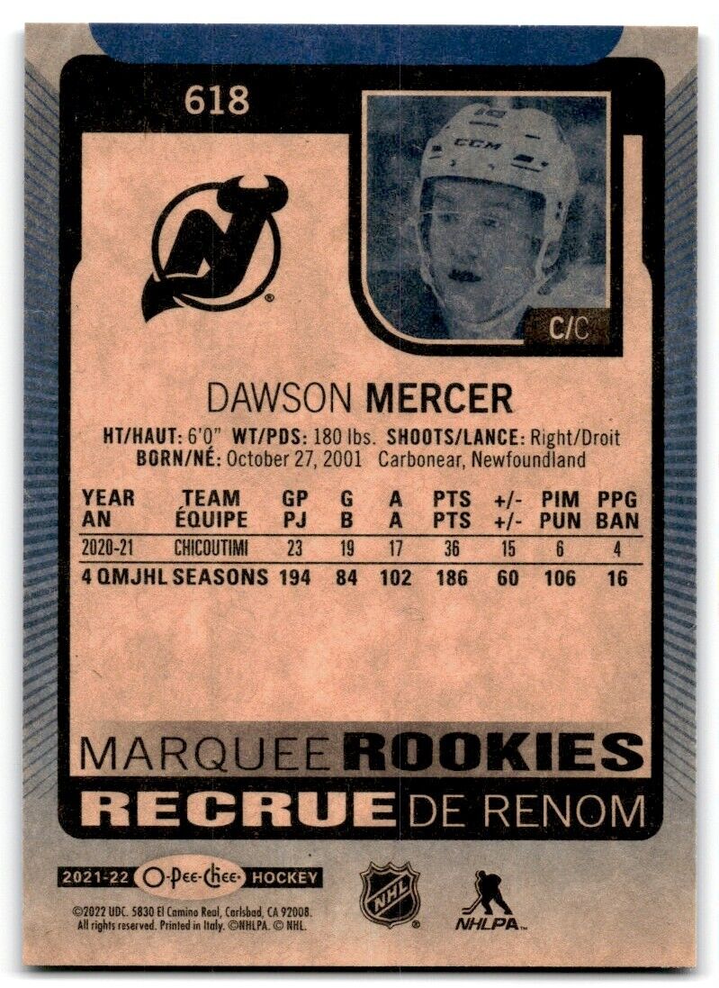 2021-22 O-Pee-Chee Markee Rookies Dawson Mercer Rookie New Jersey Devils #618