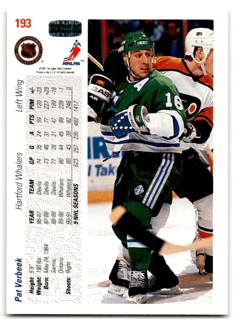 1991-92 Upper Deck Pat Verbeek Hartford Whalers #193