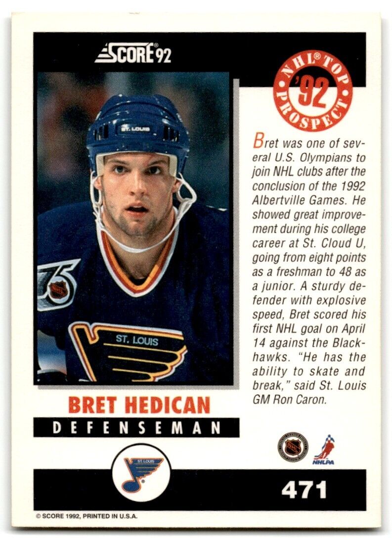 1992-93 Score Bret Hedican Rookie St. Louis Blues #471