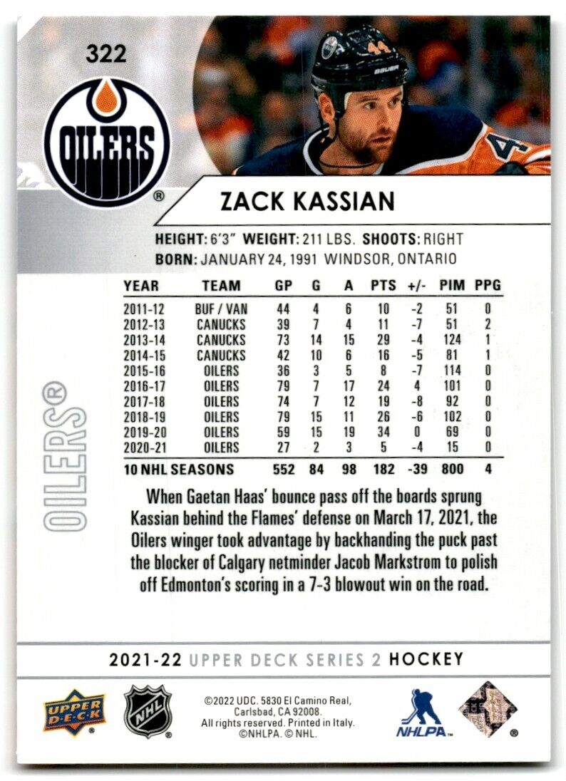 2021-22 Upper Deck Zack Kassian Edmonton Oilers #322