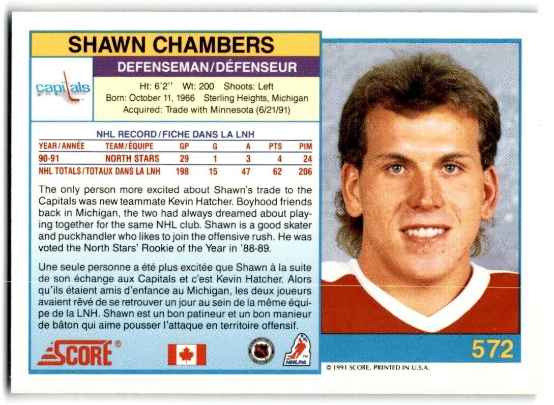 1991-92 Score Canadian Shawn Chambers Washington Capitals #572