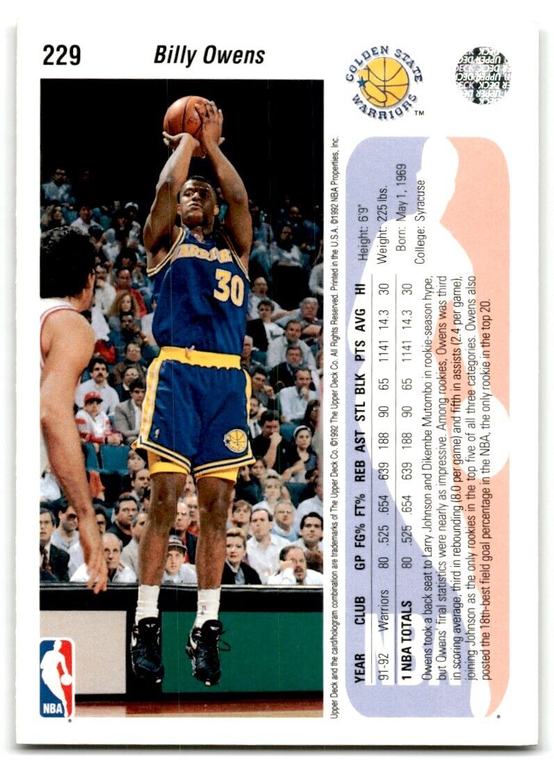 1992-93 Upper Deck Billy Owens Golden State Warriors #229