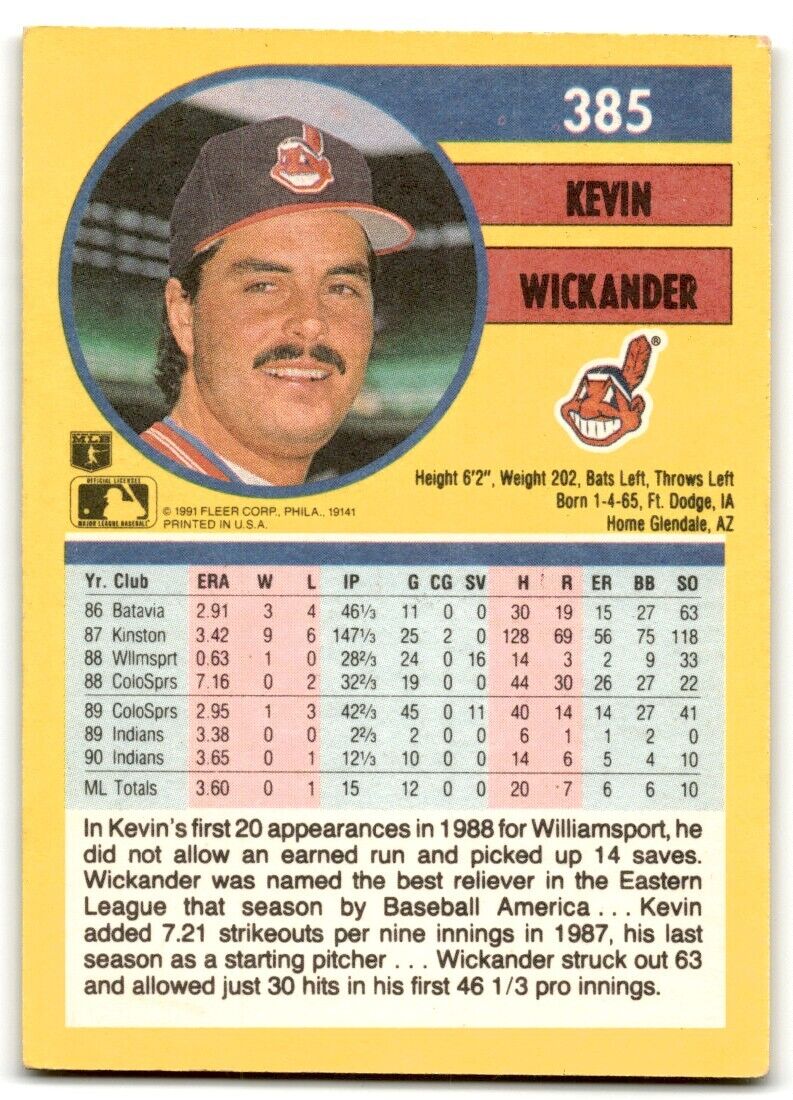 1991 Fleer Kevin Wickander Cleveland Indians #385