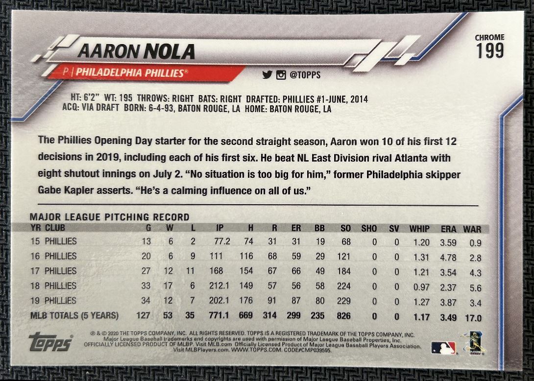 2020 Topps Chrome Aaron Nola Philadelphia Phillies #199