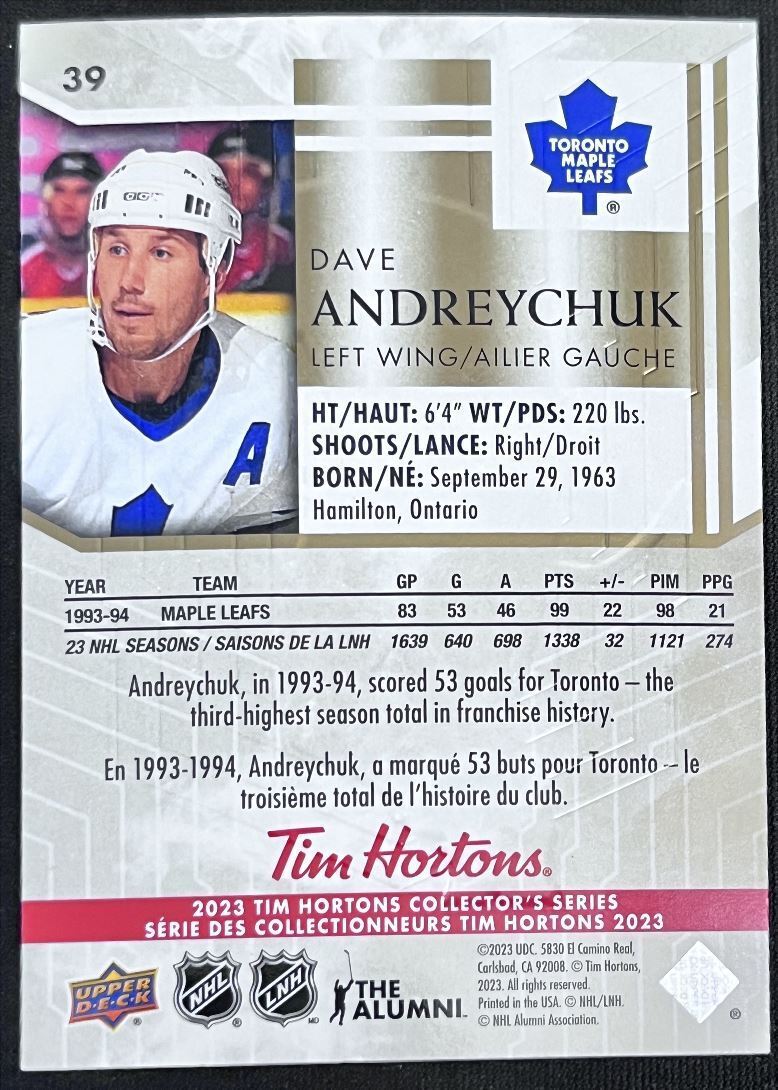 2023-24 Upper Deck Tim Hortons Legends Tim Horton Dave Andreychuk Toronto Maple