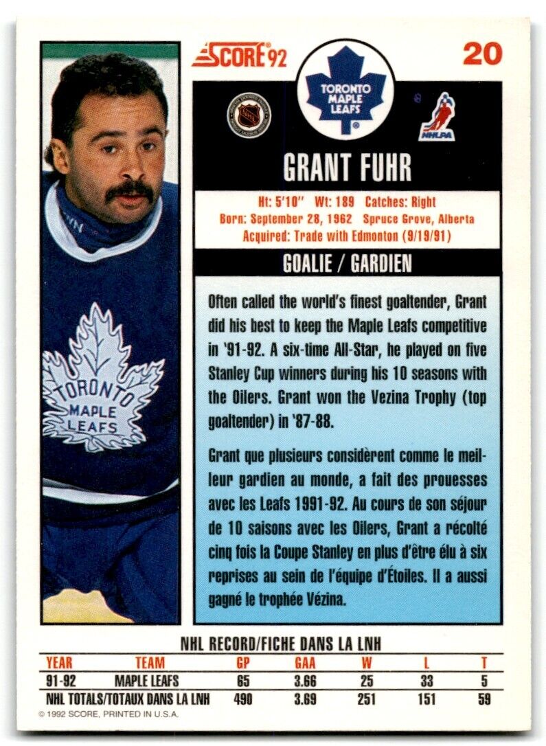 1992-93 Score Grant Fuhr Toronto Maple Leafs #20