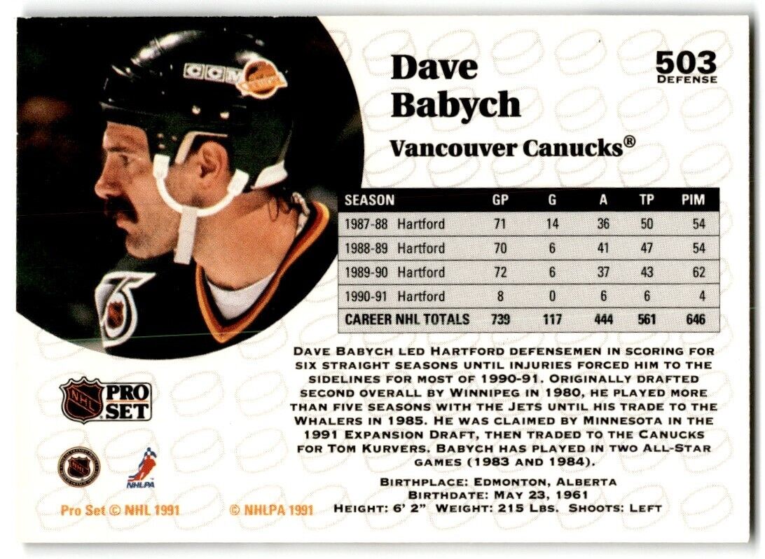 1991-92 Pro Set Dave Babych Vancouver Canucks #503