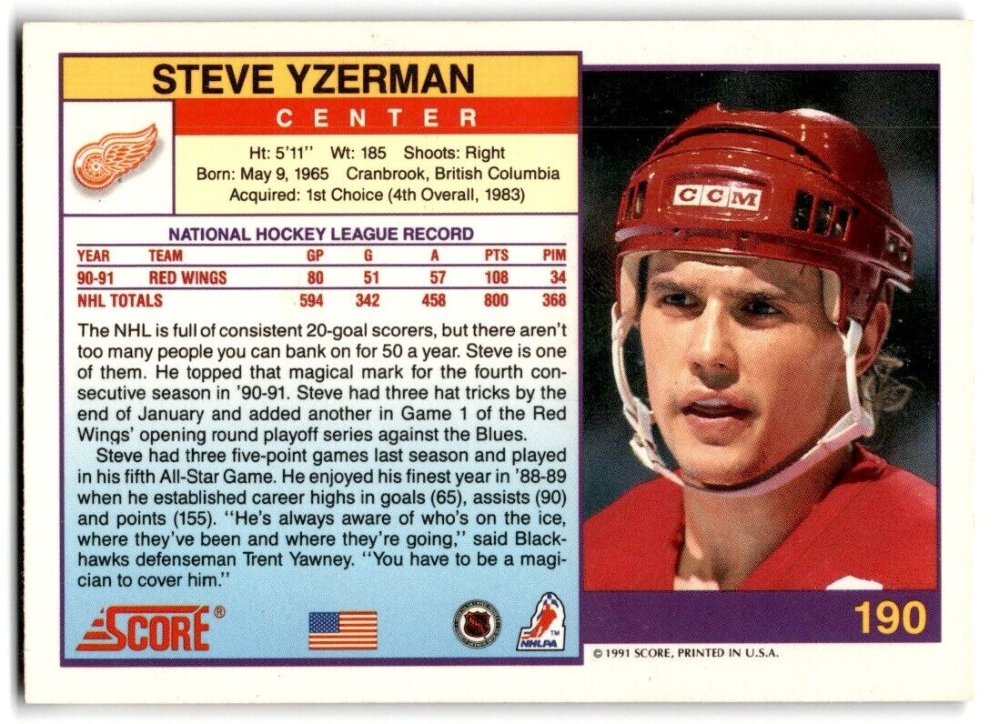 1991-92 Score American Steve Yzerman Detroit Red Wings #190