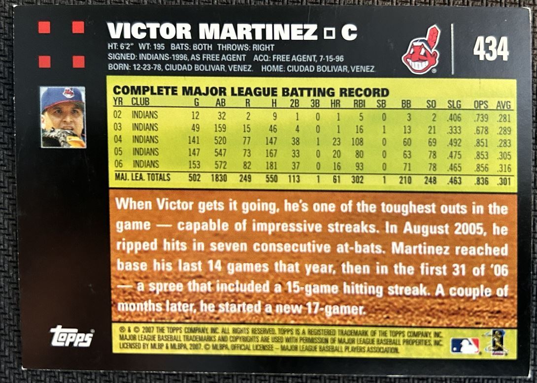 2007 Topps Victor Martinez Cleveland Indians #434