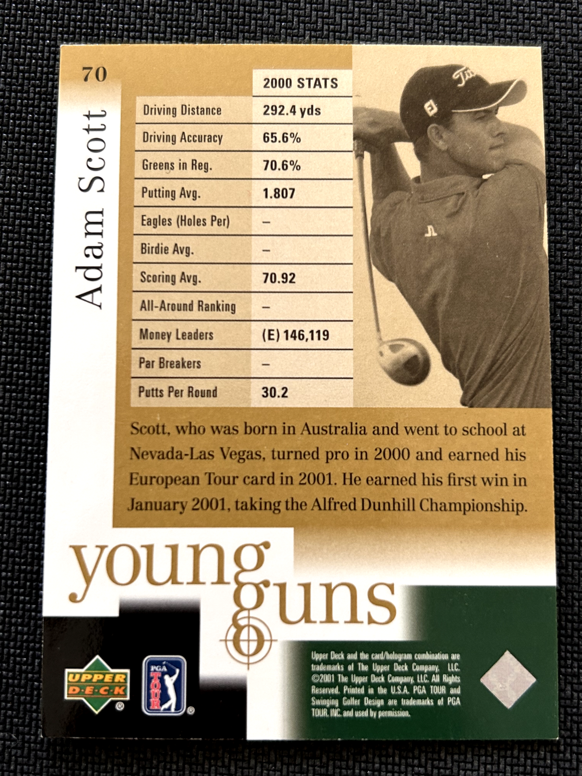 Adam Scott 2001 Upper Deck Young Guns golf rookie card #70