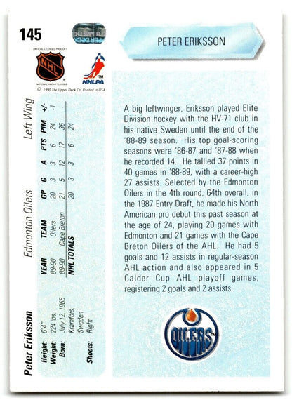 1990-91 Upper Deck Peter Eriksson Rookie Edmonton Oilers #145