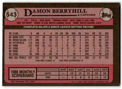 1989 Topps Damon Berryhill Chicago Cubs #543